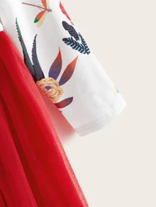 小女童花卉圖案拼接網紗下擺連衣裙 - 彩色 - 查看 3