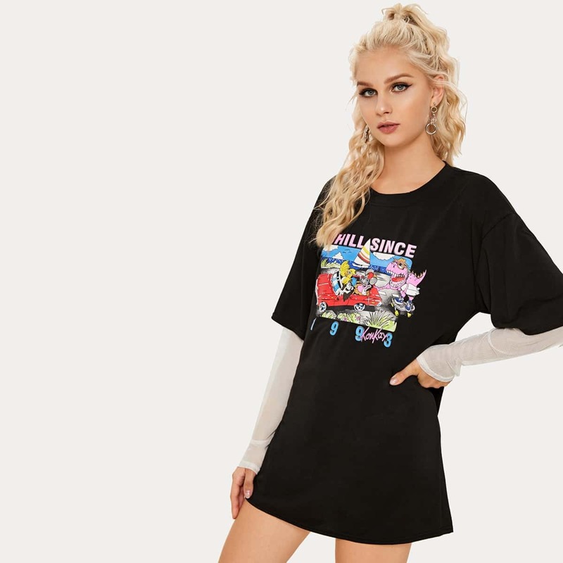 

Contrast Sleeve Letter And Cartoon Print Tee Dress, Black