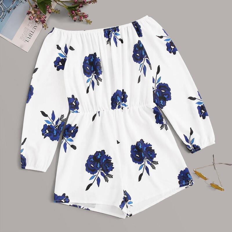 

Off The Shoulder Floral Print Romper, White