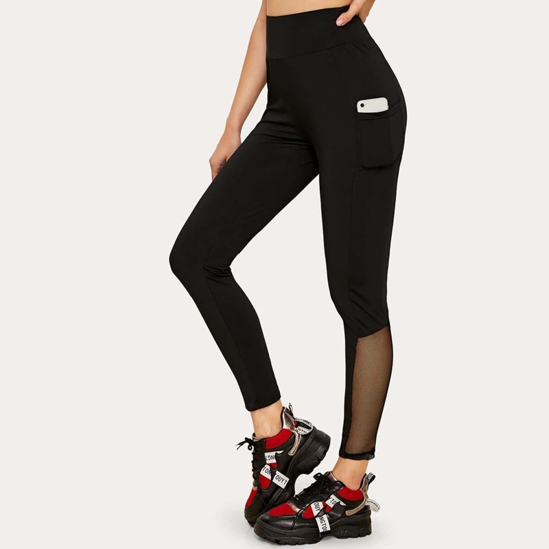 

Contrast Mesh Side Pocket Leggings, Black