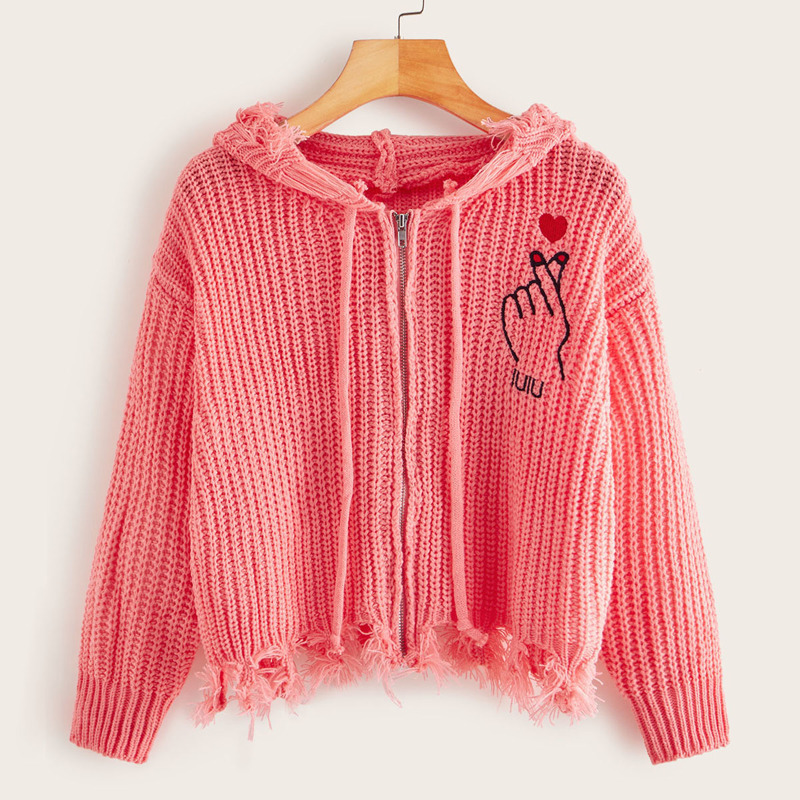 

Hand Embroidery Raw Hem Hooded Cardigan, Pink bright