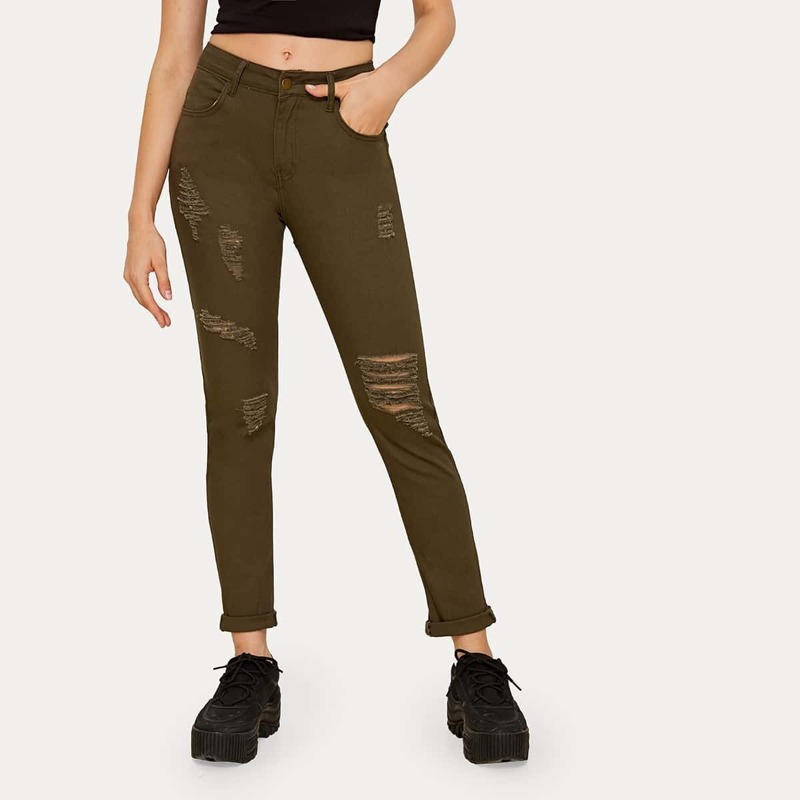 

Solid Ripped Roll Hem Jeans, Army green