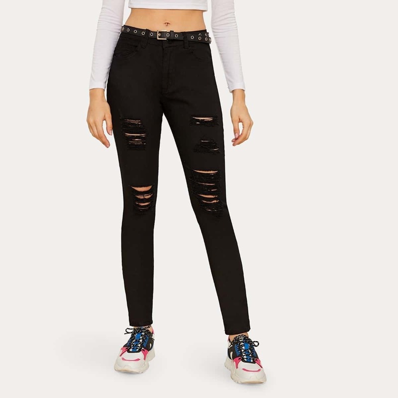 

Solid Ripped Skinny Jeans Without Belt, Black