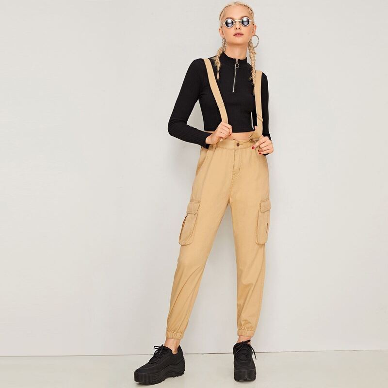 

Solid Side Flap Pocket Suspender Pants, Khaki