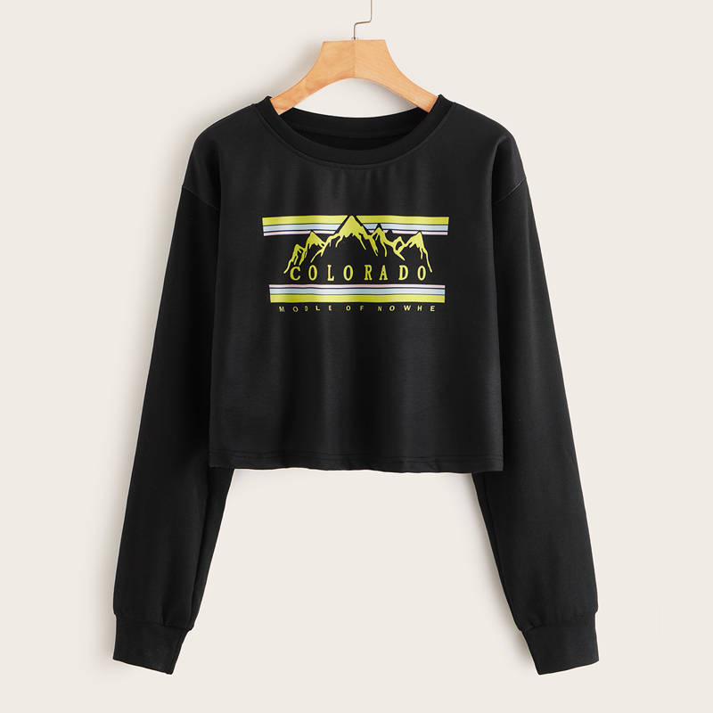 

Letter And Mountain Print Sweatshirt, Black