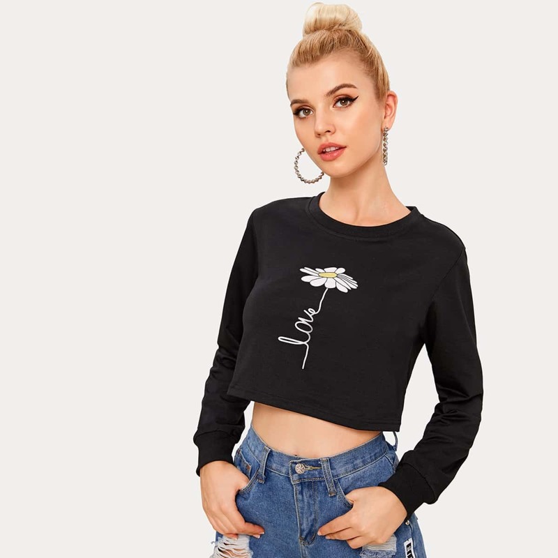 

Floral Print Round Neck Crop Sweatshirt, Black