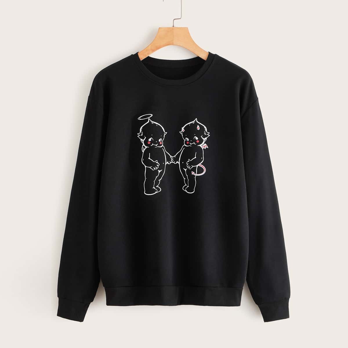 

Cartoon Figure Print Round Neck Sweatshirt, Black