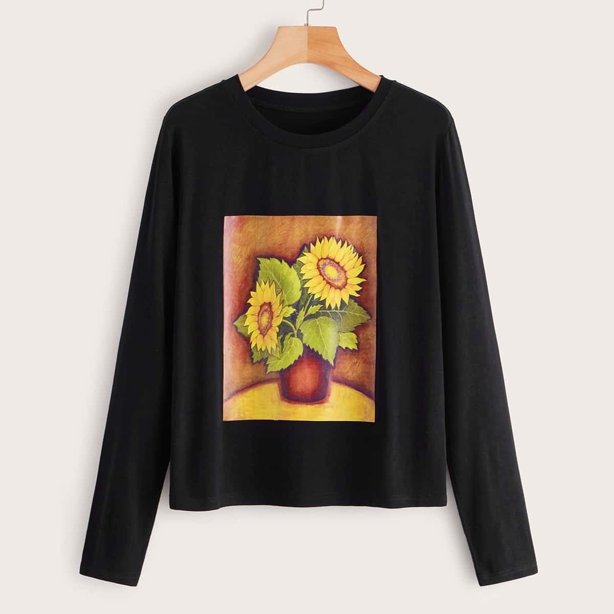 

Sunflower Print Long Sleeve Tee, Black