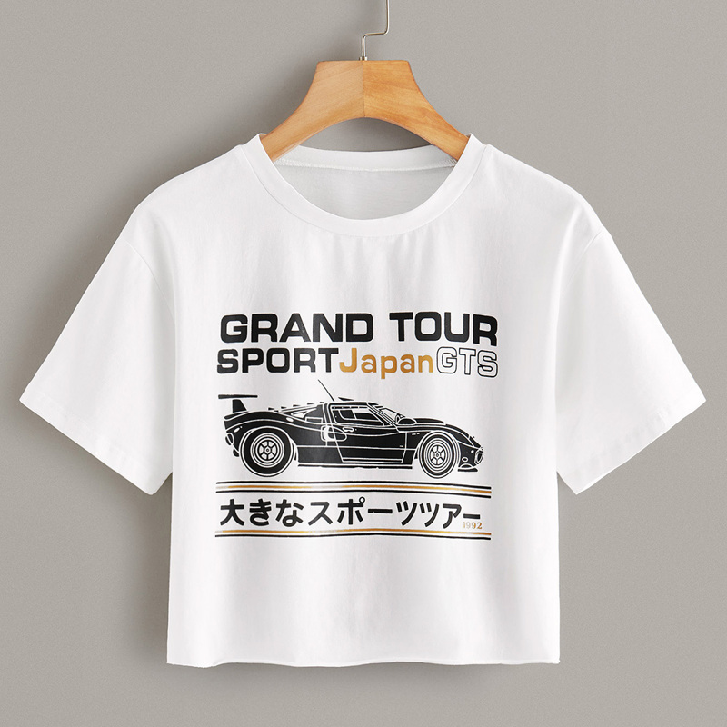

Letter And Car Print Crop Tee, White