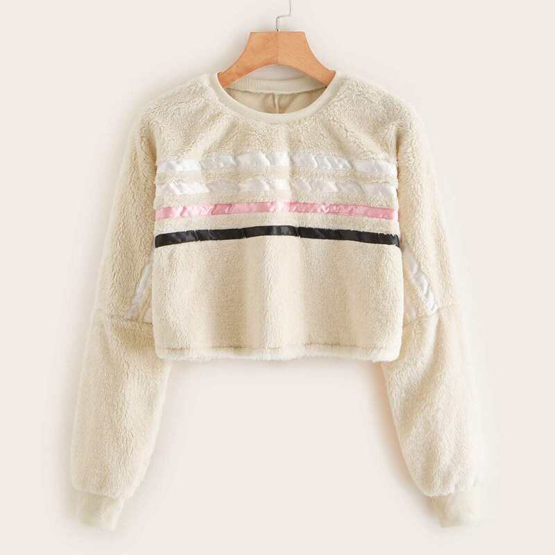 

Striped Tape Round Neck Teddy Sweatshirt, Beige