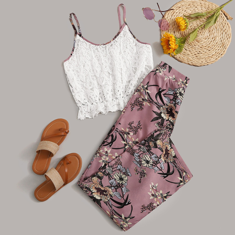 

Ruffle Trim Cami Top & Floral Pants Set, Multicolor