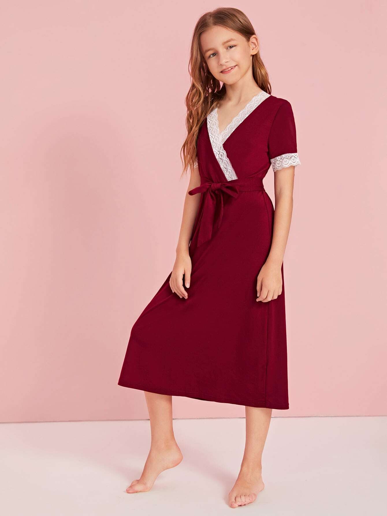 shein girls surplice wrap belted lace trim nightdress
