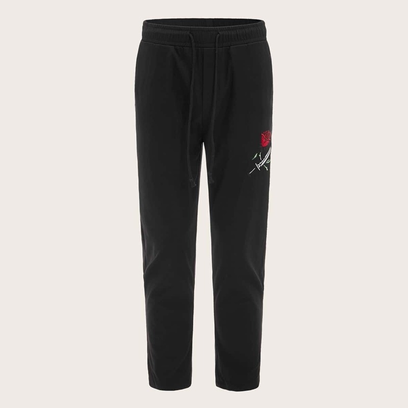 

Guys Drawstring Waist Embroidered Rose and Knife Pants, Black