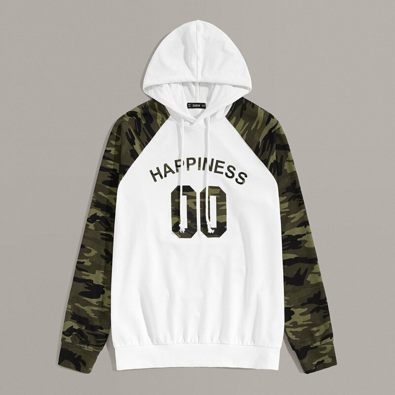 

Guys Camo Raglan Sleeve Slogan Print Hoodie, White