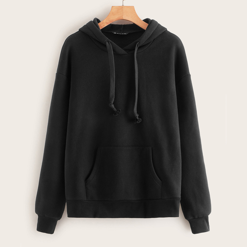

Pocket Front Solid Hoodie, Black