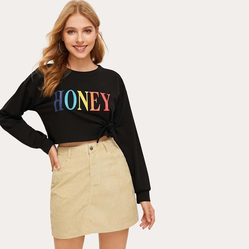 

Colorful Letter Print Tie Front Sweatshirt, Black