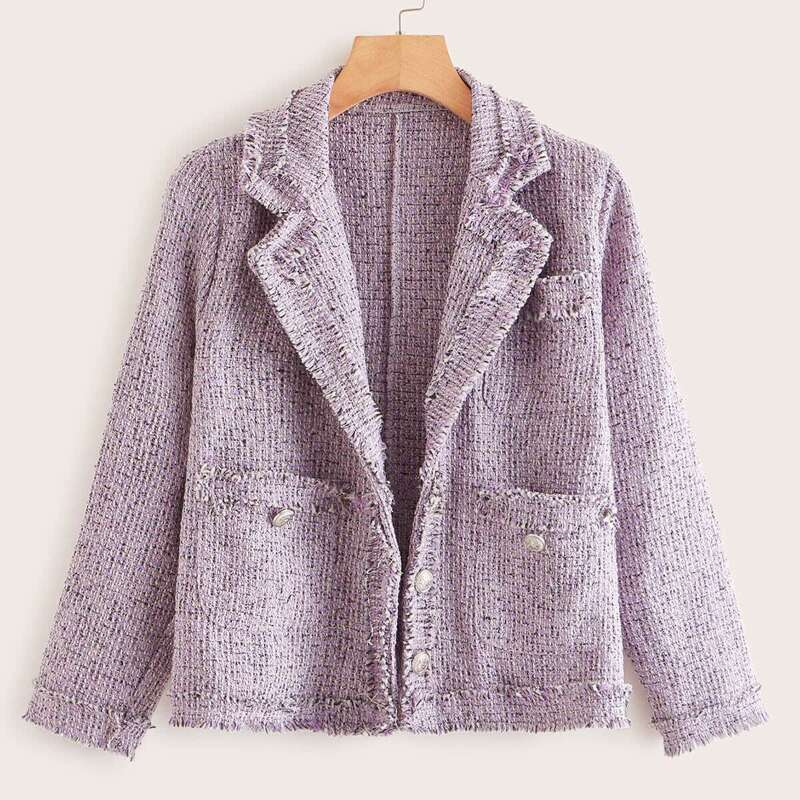 

Lapel Collar Button Detail Tweed Jacket, Purple