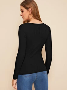 SHEIN BASICS Cotton Rib-knit Fitted Solid Tee - Black - View 2
