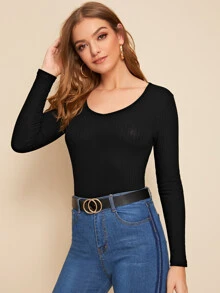 SHEIN BASICS Cotton Rib-knit Fitted Solid Tee - Black - View 4