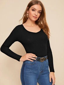 SHEIN BASICS Cotton Rib-knit Fitted Solid Tee - Black - View 5