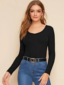 SHEIN BASICS Cotton Rib-knit Fitted Solid Tee - Black - View 1