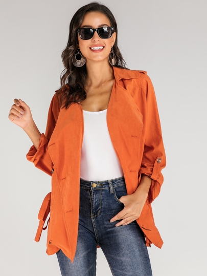 Neon Orange Waterfall Collar Double Button Belted Coat pictures