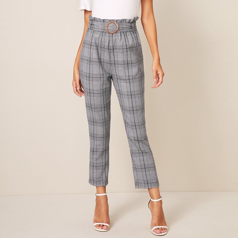 

Plaid Paperbag Waist Belted Pants, Grey