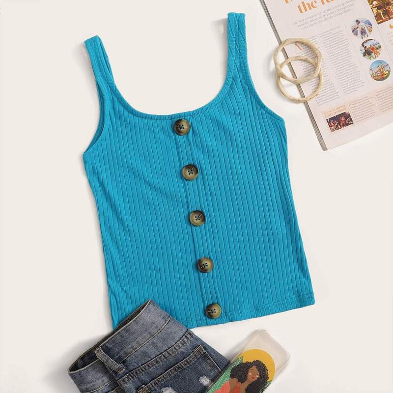 

Button Front Rib-knit Tank Top, Blue bright