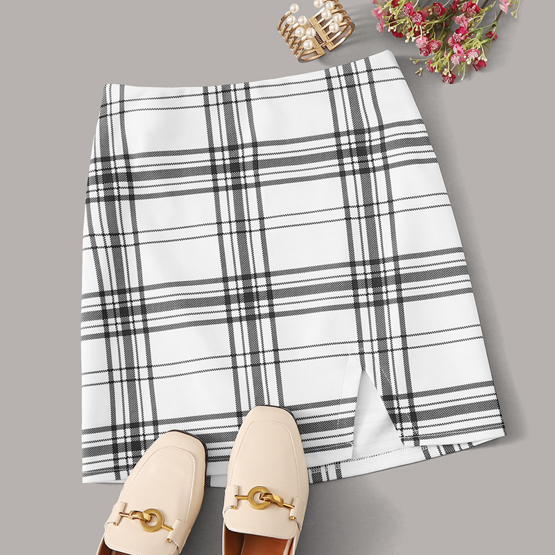 

Split Hem Plaid Skirt, White