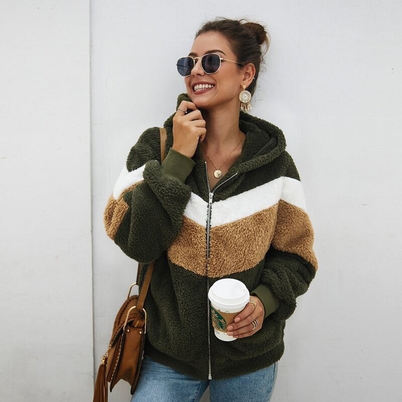 

Colorblock Zip Up Hooded Teddy Jacket, Multicolor
