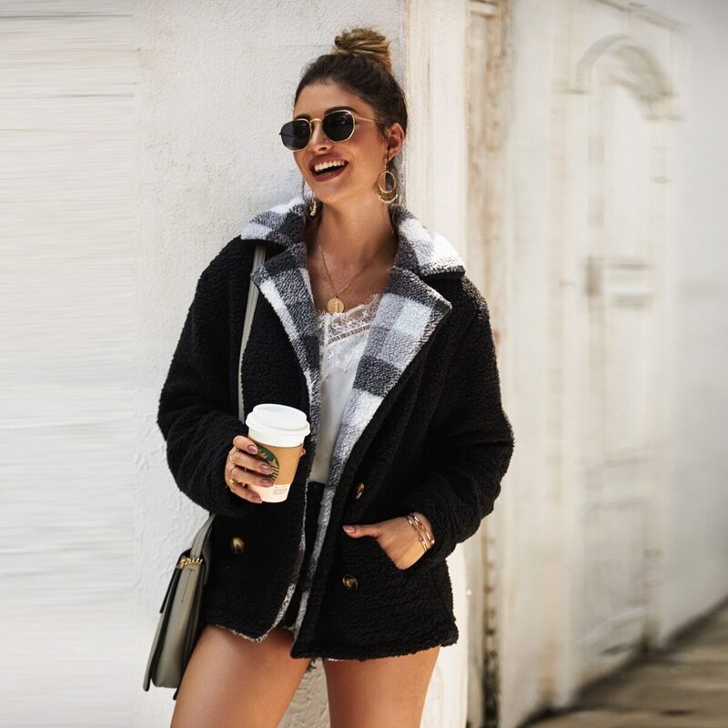 

Lapel Collar Double Breasted Teddy Coat, Black