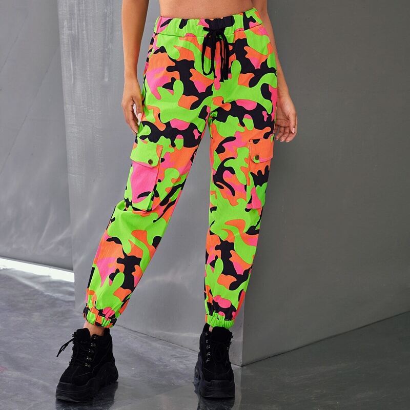 

Neon Camo Print Pocket Side Utility Pants, Multicolor
