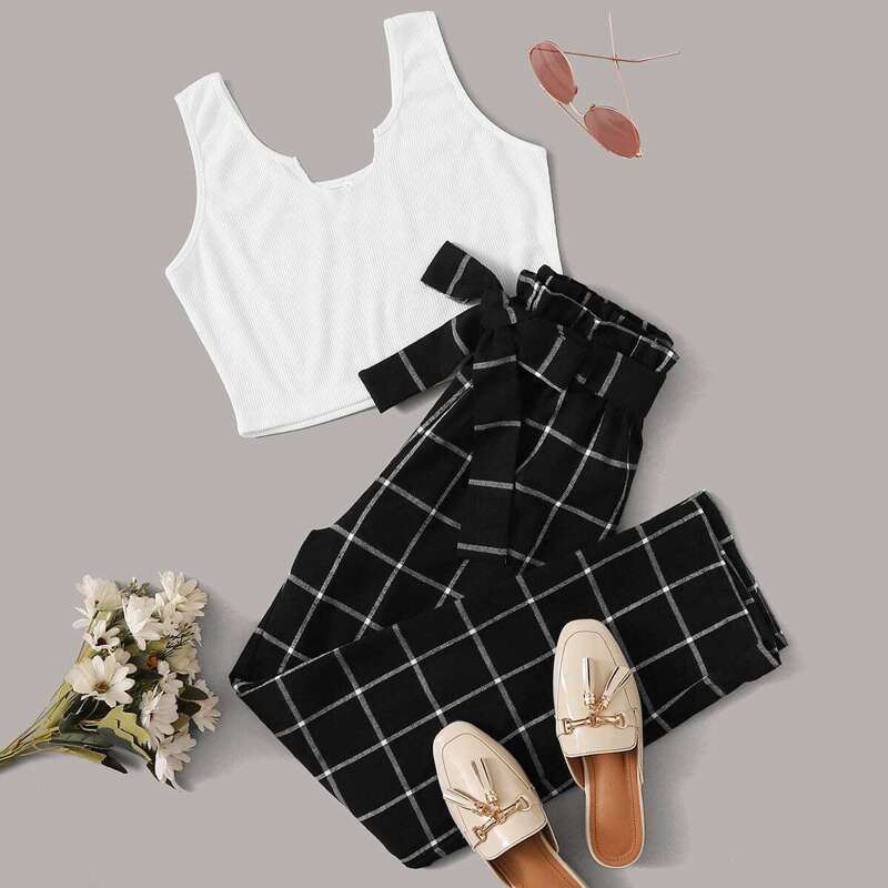 

Solid Tank & Plaid Paperbag Waist Belted Pants Set, Black and white