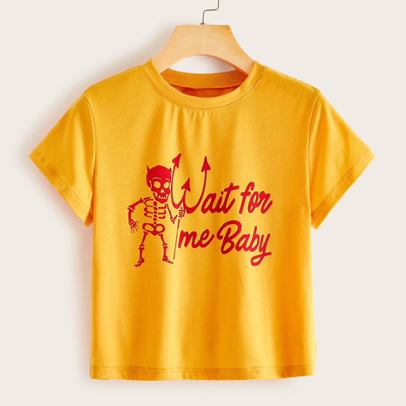 

Hunman Skeleton & Letter Print Tee, Yellow