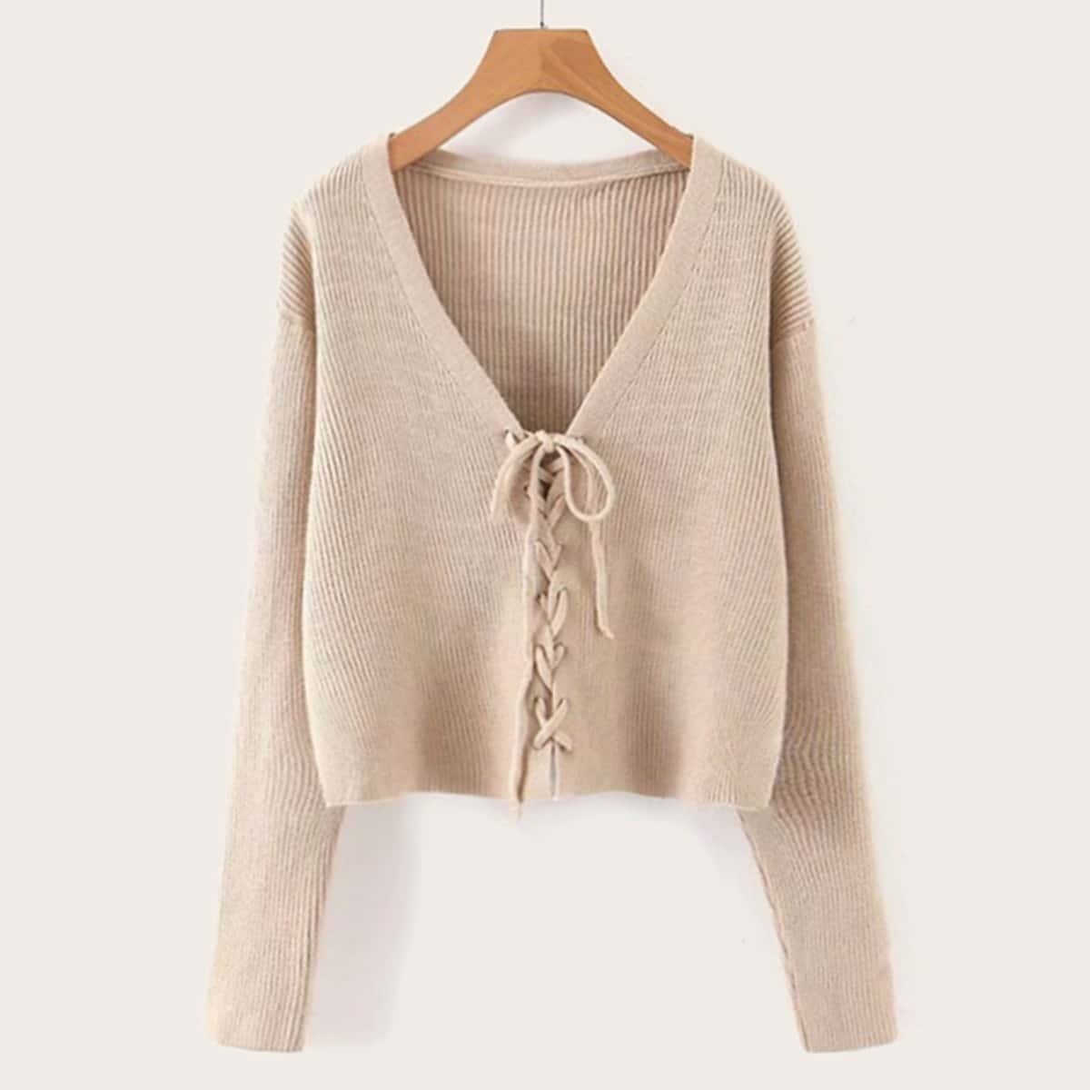 

Solid Lace-up Drop Shoulder Cardigan, Beige