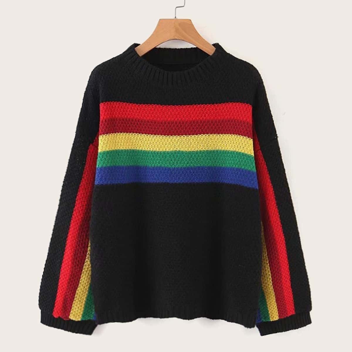 

Rainbow Stripe Drop Shoulder Sweater, Black