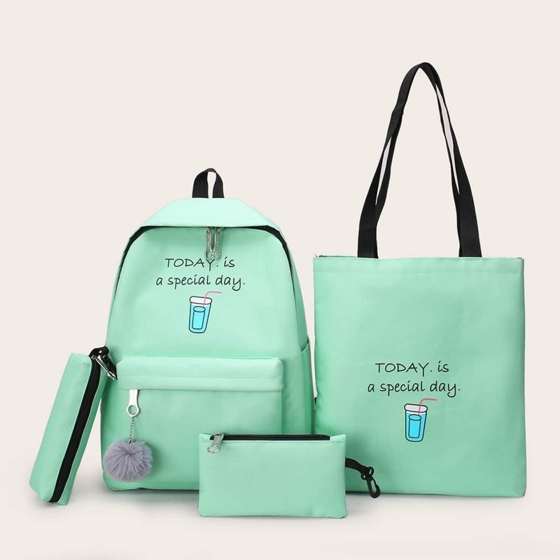 

Pom Pom Decor Backpack With Pencil Case 4pcs, Green