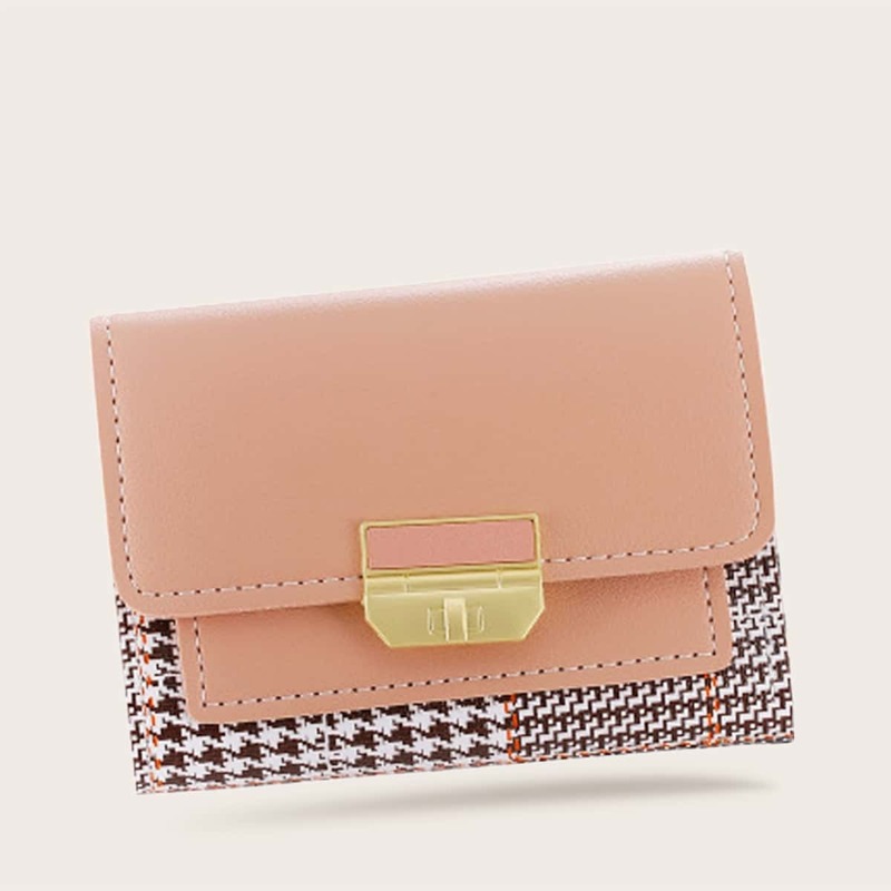 

Houndstooth Panel Fold Over Purse, Pink
