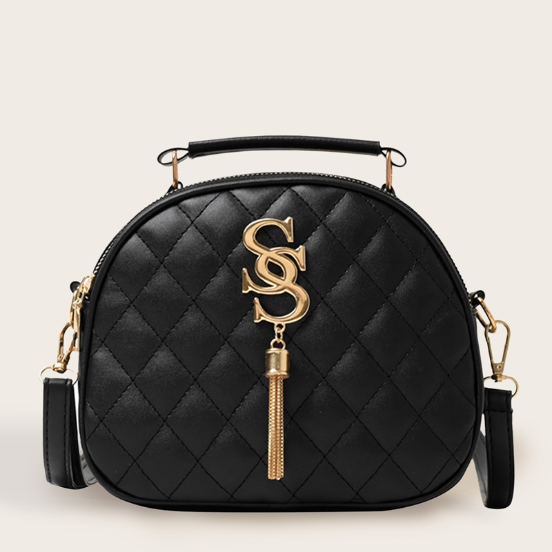 

Metal Tassel Quilted Satchel Bag, Black