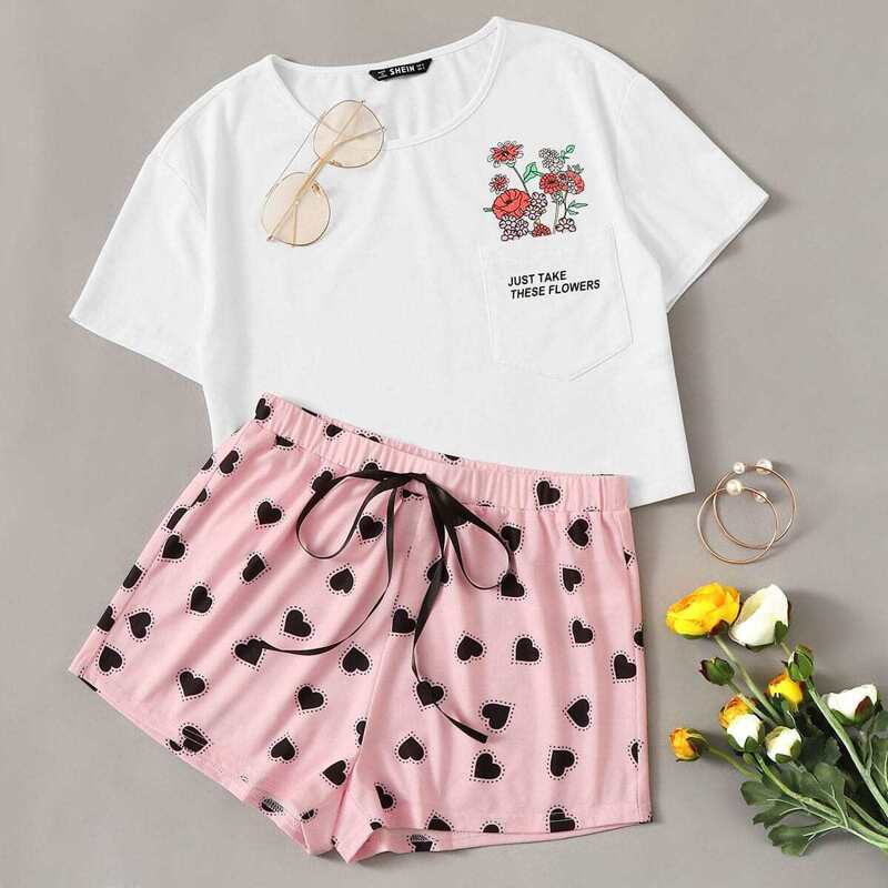 

Pocket Front Tee and Tie Waist Heart Print Shorts PJ Set, Multicolor