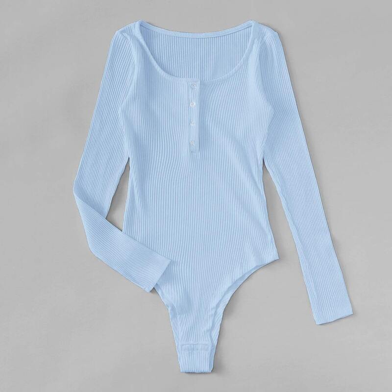 

Half Button Rib-knit Solid Bodysuit, Baby blue