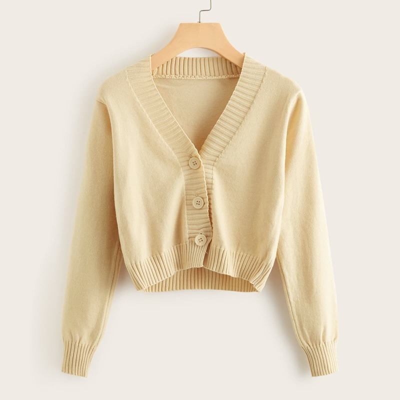 

Single Breasted Solid Crop Cardigan, Beige