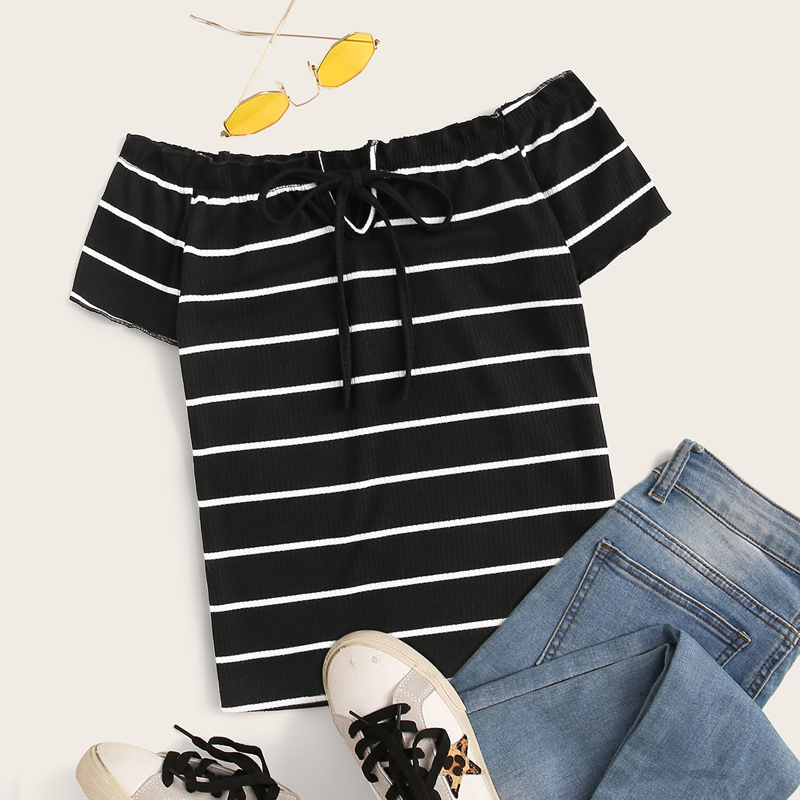 

Off-shoulder Drawstring Stripe Tee, Black