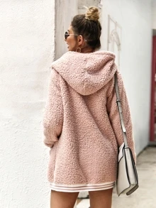 SHEIN LUNE Cazadora teddy con capucha ribete de rayas en contraste - Rosa Pálido - Ver 2