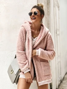 SHEIN LUNE Cazadora teddy con capucha ribete de rayas en contraste - Rosa Pálido - Ver 6