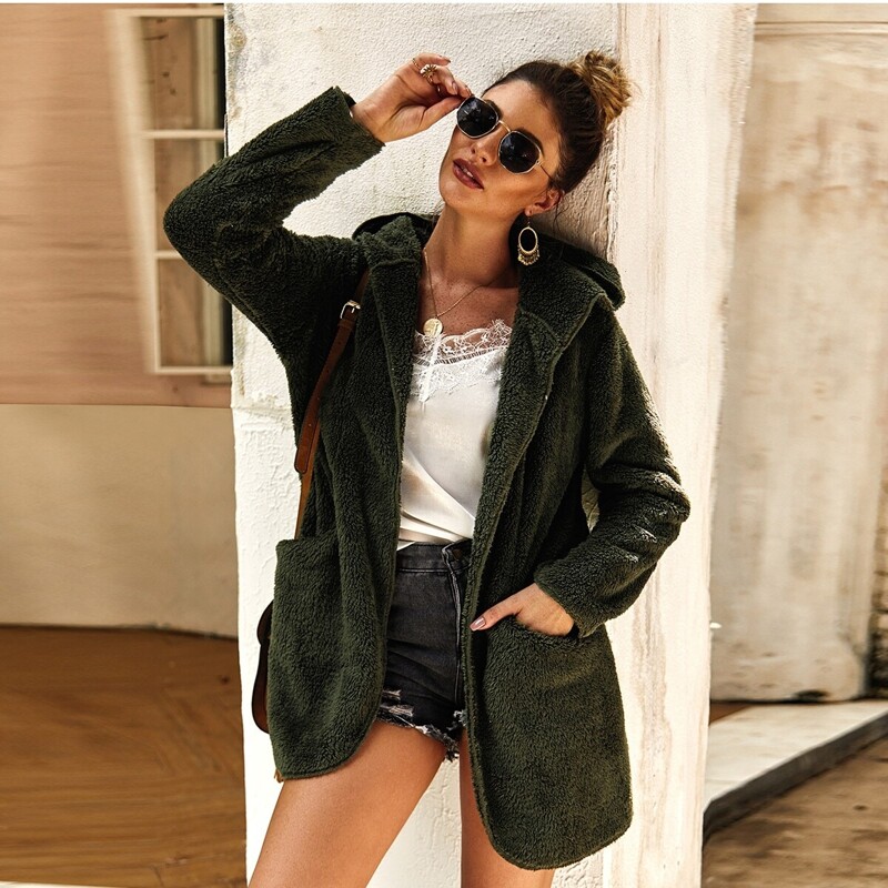 

Pocket Side Hooded Teddy Outerwear, Army green