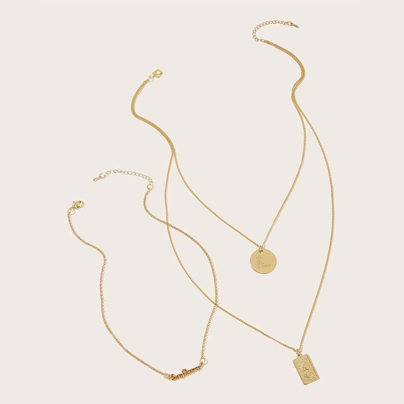 

Letter Engraved Coin Layered Chain Necklace 2pcs, Gold