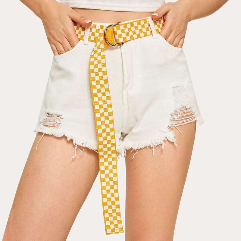 

Checkered Pattern Double Ring Buckle Belt, Yellow