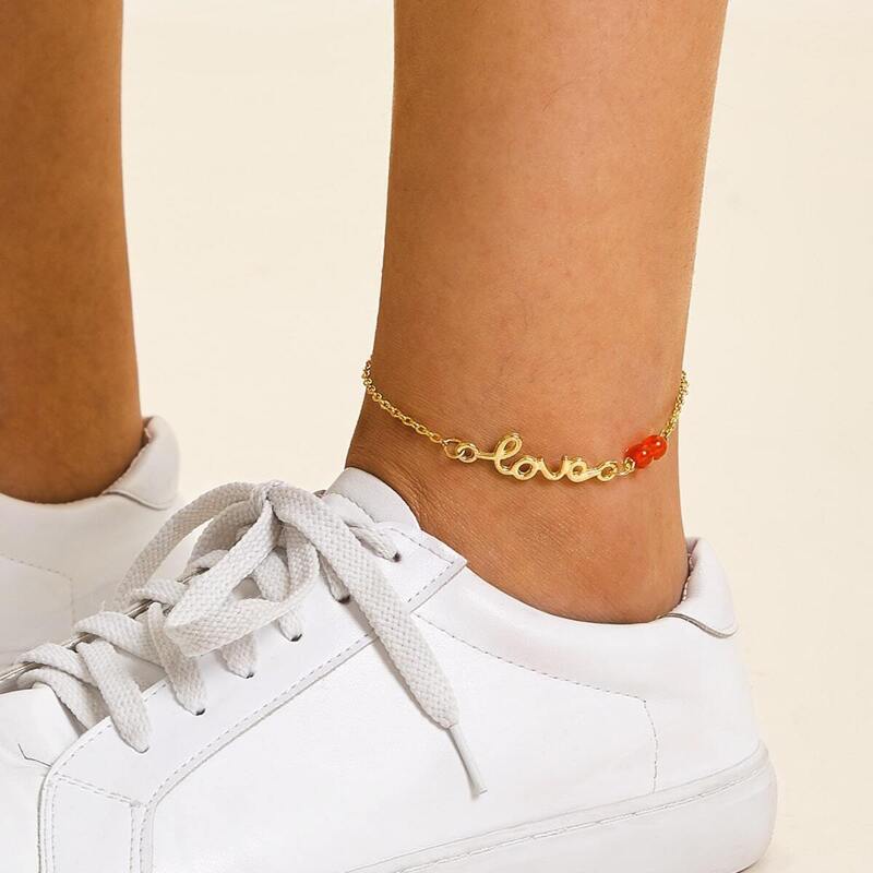

Letter Love & Bead Decor Anklet, Gold