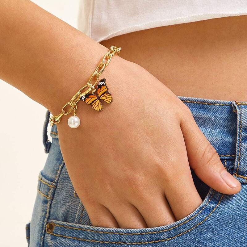 

Butterfly & Faux Pearl Decor Bracelet, Multicolor